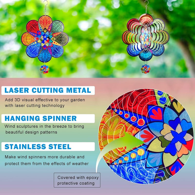 Katinyos Wind Spinners,12 inch Multi Color Mandala with 360° Swivel Hook for Yard and Garden, Bird Wind Catcher, Metal Wind Spinners Outdoor for Lawn Hanging Crafts Decor Kinetic Yard Art Ornament Gifts - Image 3